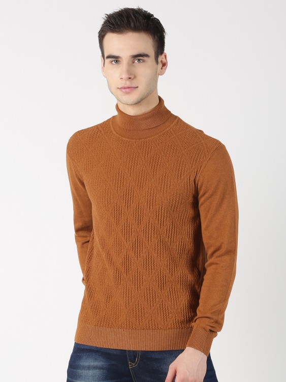 Brown Self Design High Neck Sweater