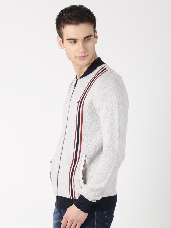 Grey Striped Zipper Sweater