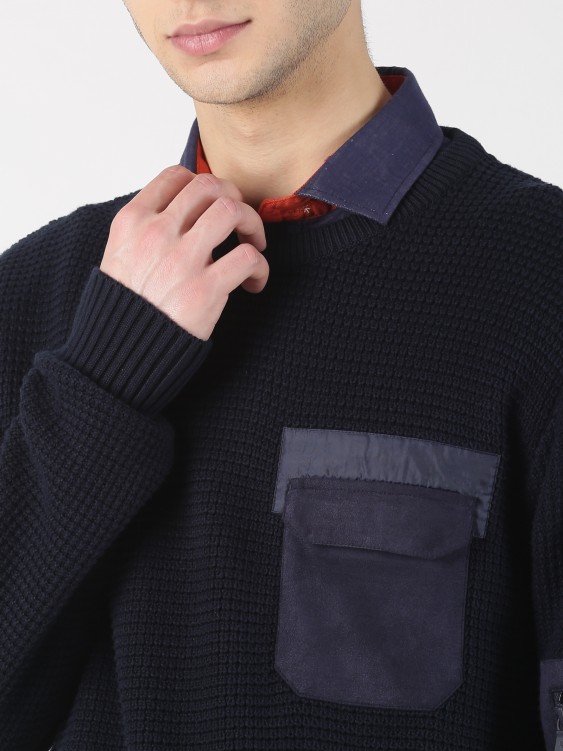 Navy Blue Solid Round Neck Sweater