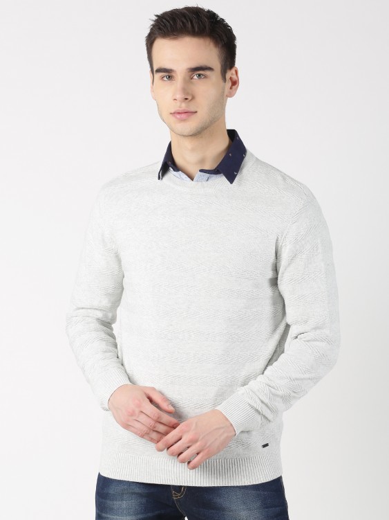 White Self Design Round Neck Sweater