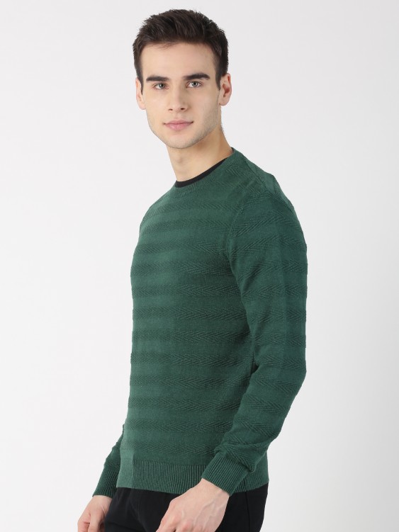 Green Self Design Round Neck Sweater
