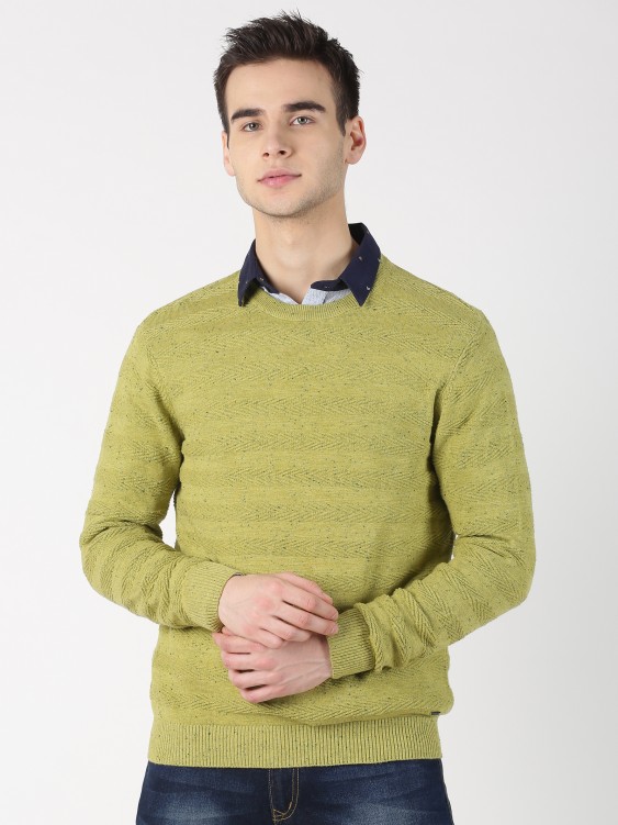Lemon Melange Self Design Round Neck Sweater