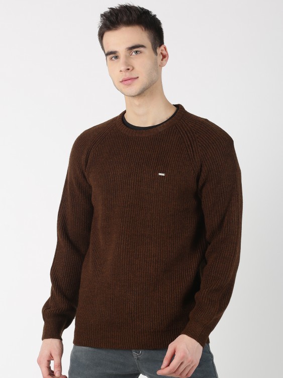 Coffee Brown Solid Round Neck Sweater