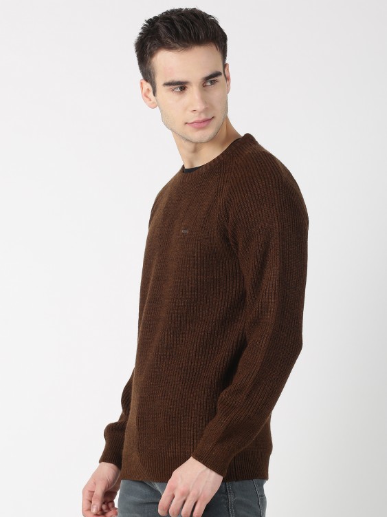 Coffee Brown Solid Round Neck Sweater