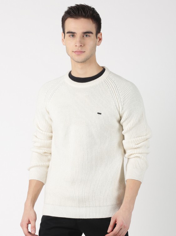 Off White Solid Round Neck Sweater