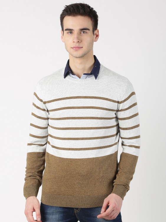 Khaki & Ecru Colorblocked Round Neck Sweater