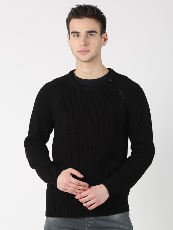 Black Solid Round Neck Sweater